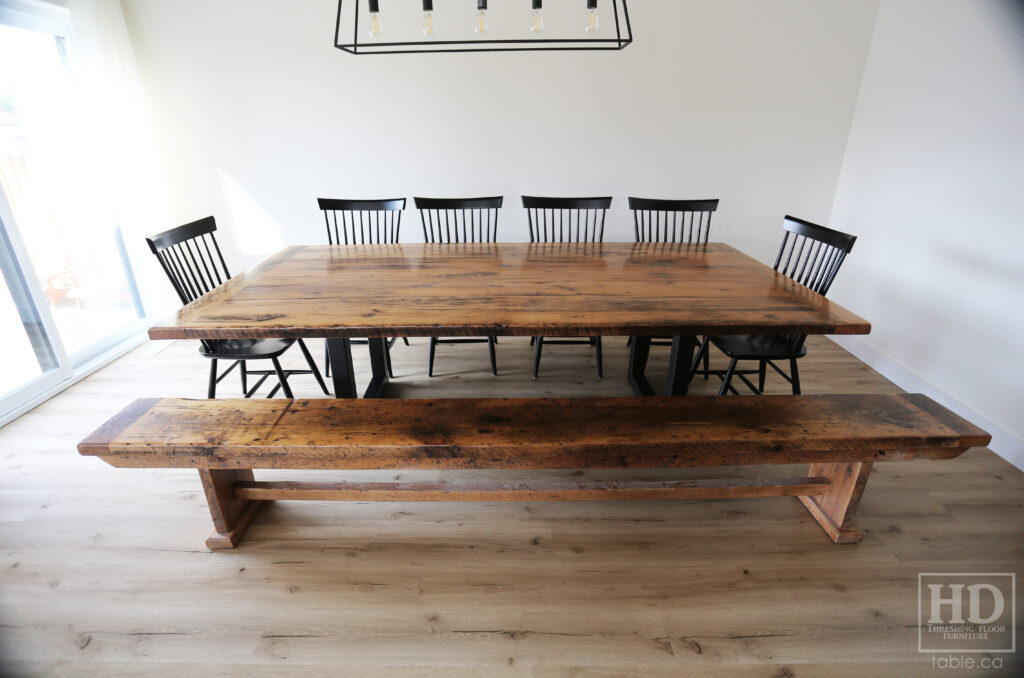 Reclaimed Wood Metal Base Table & Bench & Shaker Chairs we made for a St. Jacobs home - Old Growth Hemlock Threshing Floor Construction - Original edges & distressing maintained - [Matching] Bench - 6 Shaker Chairs / Wormy Maple / Painted Solid Black - www.table.ca