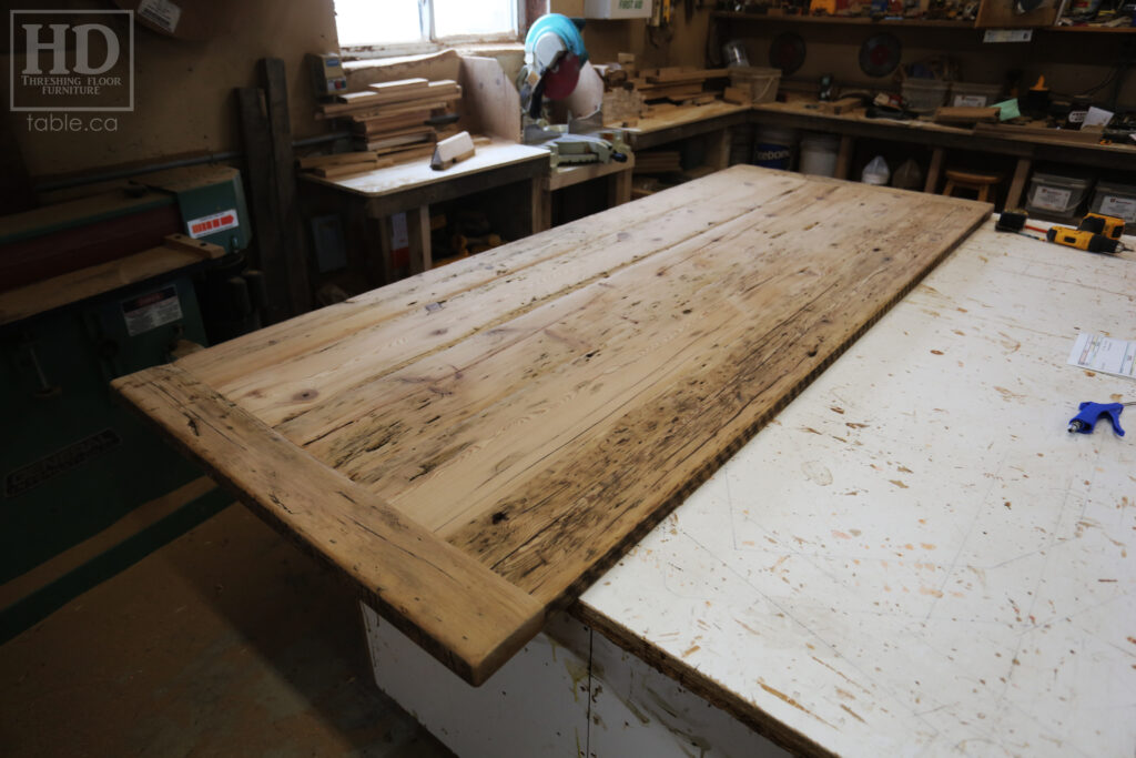 8.5' Reclaimed Ontario Barnwood Table Top we made for a Nobel home - 40" deep - Old Growth Hemlock Threshing Floor Construction - Original edges & distressing maintained - Bleached Option - Premium epoxy + gloss polyurethane finish - www.table.ca