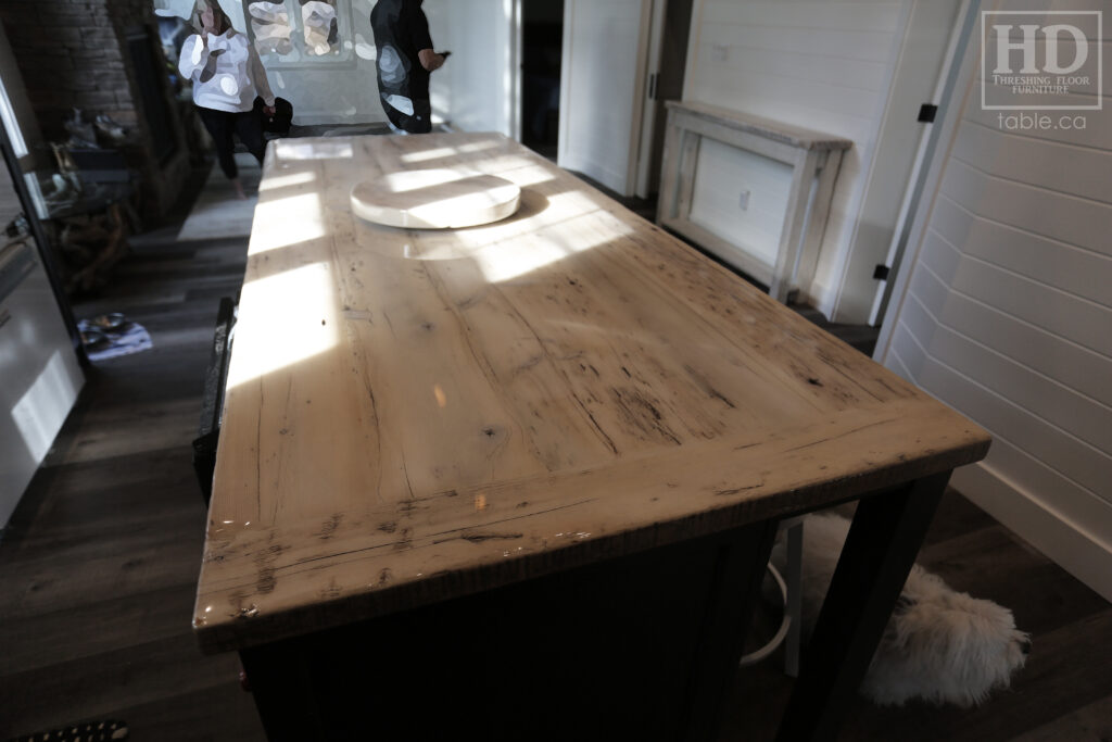 8.5' Reclaimed Ontario Barnwood Table Top we made for a Nobel home - 40" deep - Old Growth Hemlock Threshing Floor Construction - Original edges & distressing maintained - Bleached Option - Premium epoxy + gloss polyurethane finish - www.table.ca