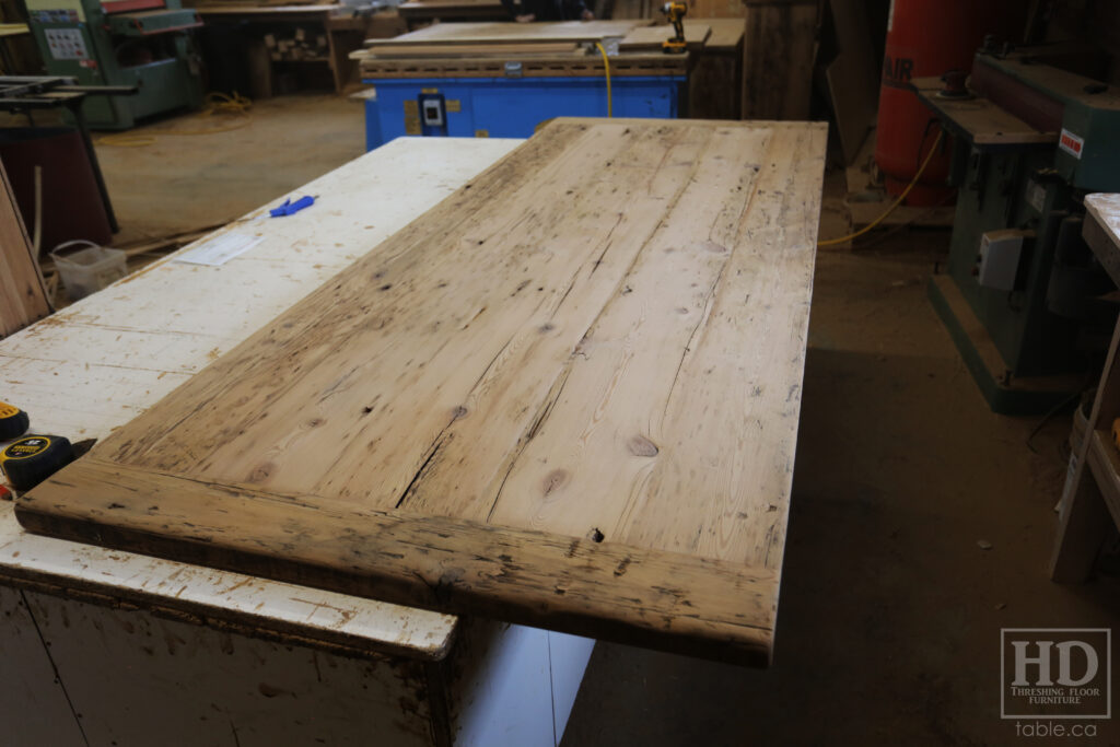 8.5' Reclaimed Ontario Barnwood Table Top we made for a Nobel home - 40" deep - Old Growth Hemlock Threshing Floor Construction - Original edges & distressing maintained - Bleached Option - Premium epoxy + gloss polyurethane finish - www.table.ca