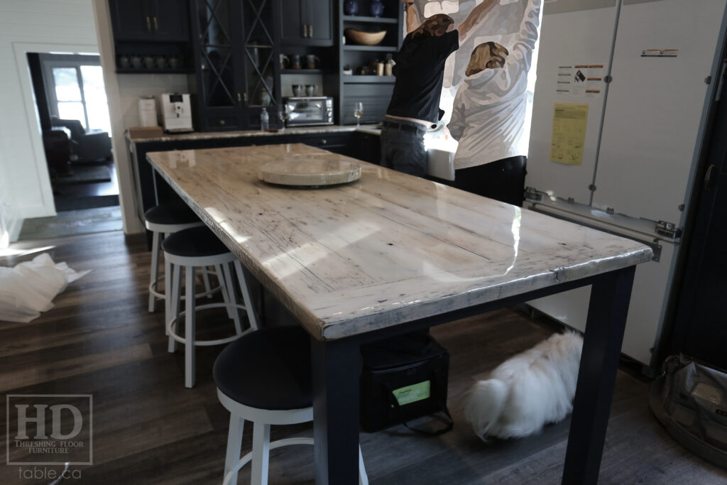 8.5' Reclaimed Ontario Barnwood Table Top we made for a Nobel home - 40" deep - Old Growth Hemlock Threshing Floor Construction - Original edges & distressing maintained - Bleached Option - Premium epoxy + gloss polyurethane finish - www.table.ca