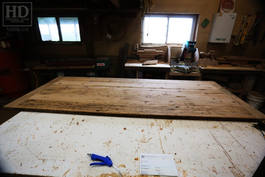 8.5' Reclaimed Ontario Barnwood Table Top we made for a Nobel home - 40" deep - Old Growth Hemlock Threshing Floor Construction - Original edges & distressing maintained - Bleached Option - Premium epoxy + gloss polyurethane finish - www.table.ca