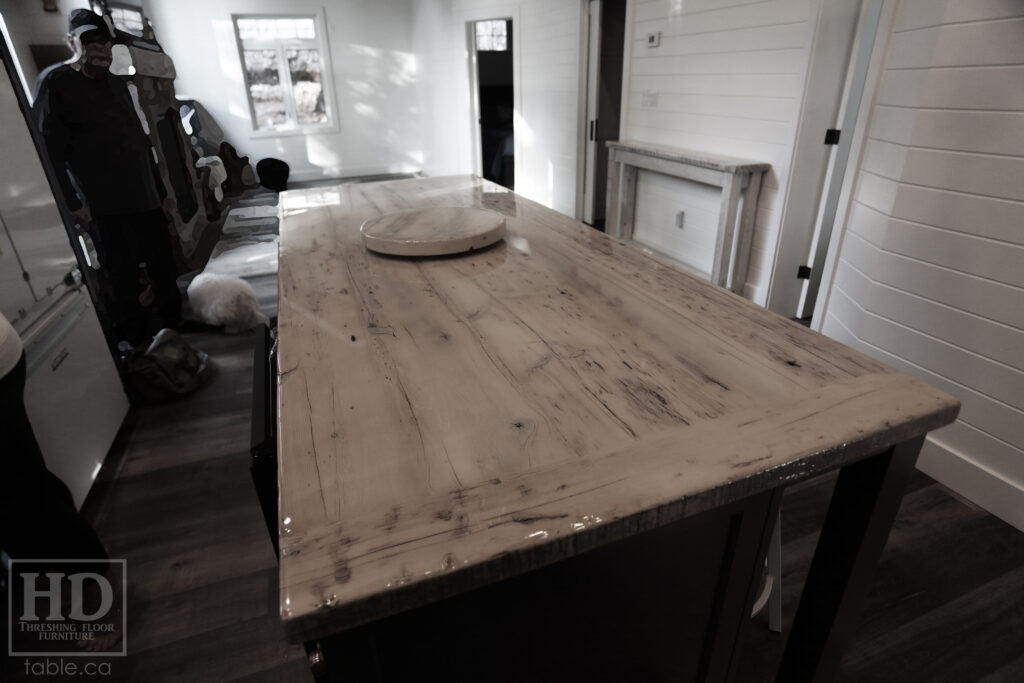 8.5' Reclaimed Ontario Barnwood Table Top we made for a Nobel home - 40" deep - Old Growth Hemlock Threshing Floor Construction - Original edges & distressing maintained - Bleached Option - Premium epoxy + gloss polyurethane finish - www.table.ca