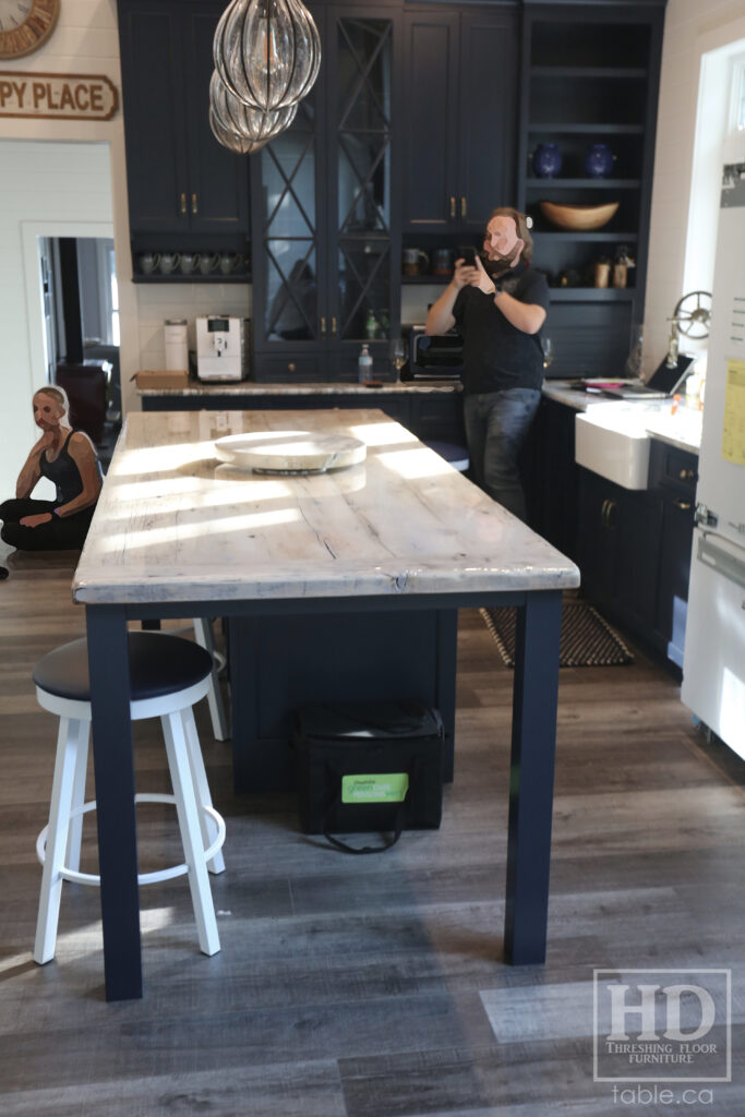 8.5' Reclaimed Ontario Barnwood Table Top we made for a Nobel home - 40" deep - Old Growth Hemlock Threshing Floor Construction - Original edges & distressing maintained - Bleached Option - Premium epoxy + gloss polyurethane finish - www.table.ca