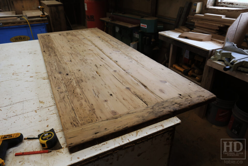 8.5' Reclaimed Ontario Barnwood Table Top we made for a Nobel home - 40" deep - Old Growth Hemlock Threshing Floor Construction - Original edges & distressing maintained - Bleached Option - Premium epoxy + gloss polyurethane finish - www.table.ca