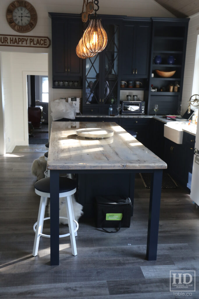 8.5' Reclaimed Ontario Barnwood Table Top we made for a Nobel home - 40" deep - Old Growth Hemlock Threshing Floor Construction - Original edges & distressing maintained - Bleached Option - Premium epoxy + gloss polyurethane finish - www.table.ca