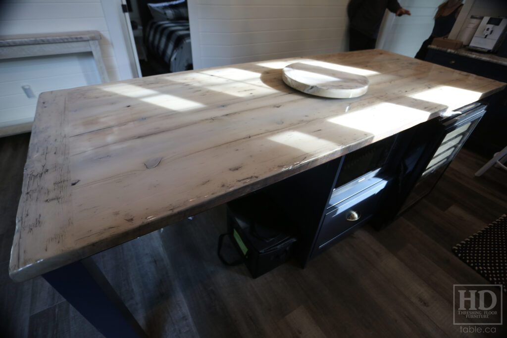 8.5' Reclaimed Ontario Barnwood Table Top we made for a Nobel home - 40" deep - Old Growth Hemlock Threshing Floor Construction - Original edges & distressing maintained - Bleached Option - Premium epoxy + gloss polyurethane finish - www.table.ca