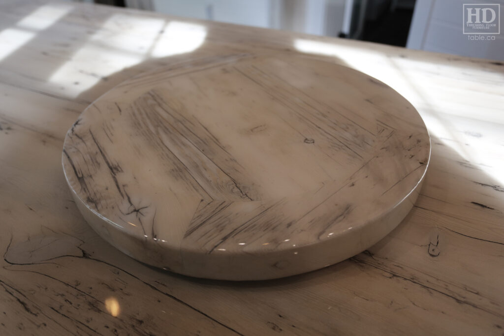 8.5' Reclaimed Ontario Barnwood Table Top we made for a Nobel home - 40" deep - Old Growth Hemlock Threshing Floor Construction - Original edges & distressing maintained - Bleached Option - Premium epoxy + gloss polyurethane finish - www.table.ca