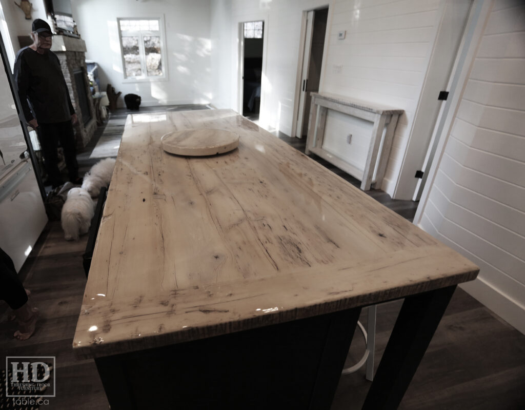 8.5' Reclaimed Ontario Barnwood Table Top we made for a Nobel home - 40" deep - Old Growth Hemlock Threshing Floor Construction - Original edges & distressing maintained - Bleached Option - Premium epoxy + gloss polyurethane finish - www.table.ca