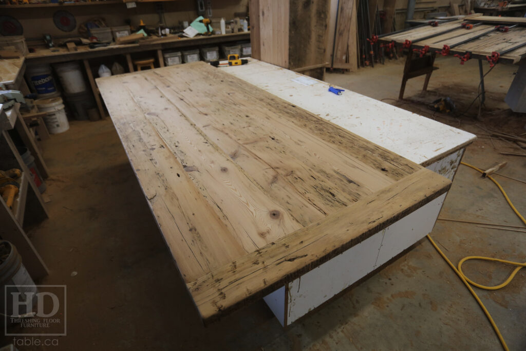 8.5' Reclaimed Ontario Barnwood Table Top we made for a Nobel home - 40" deep - Old Growth Hemlock Threshing Floor Construction - Original edges & distressing maintained - Bleached Option - Premium epoxy + gloss polyurethane finish - www.table.ca