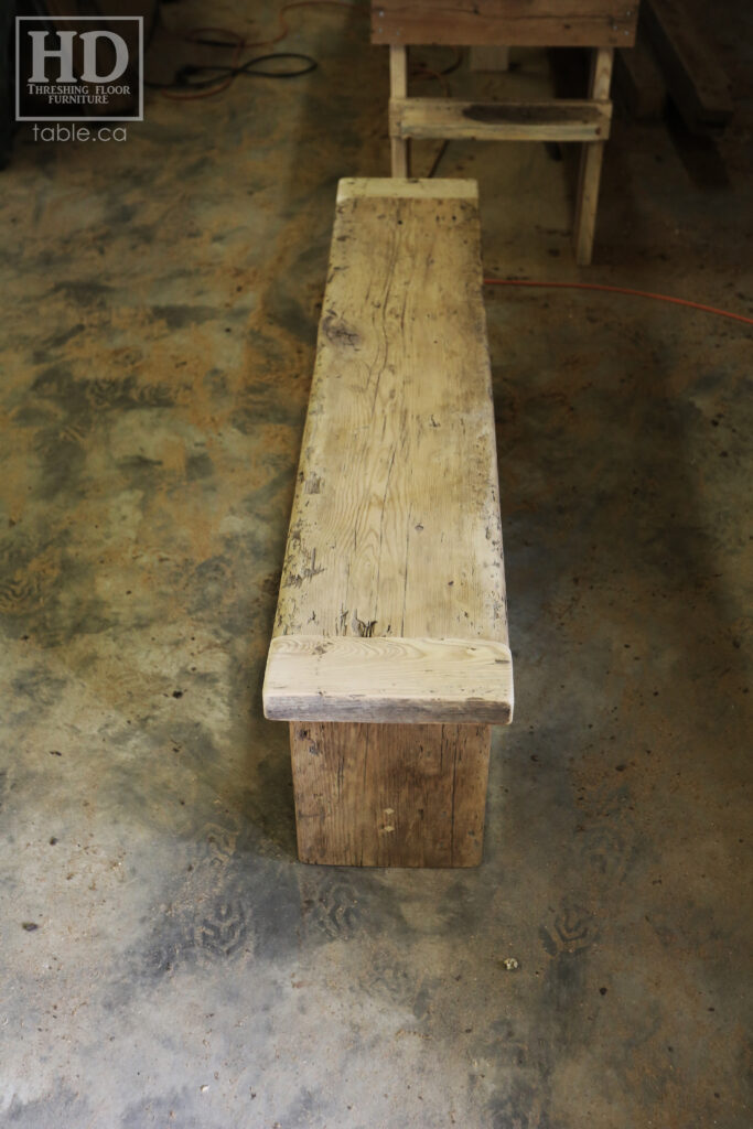 5' Ontario Barnwood Bench we made for a Bigwin Island Cottage - Modern Plank Base - Old Growth Hemlock Threshing Floor Construction - Original edges & distressing maintained - Premium epoxy + matte polyurethane finish - www.table.ca