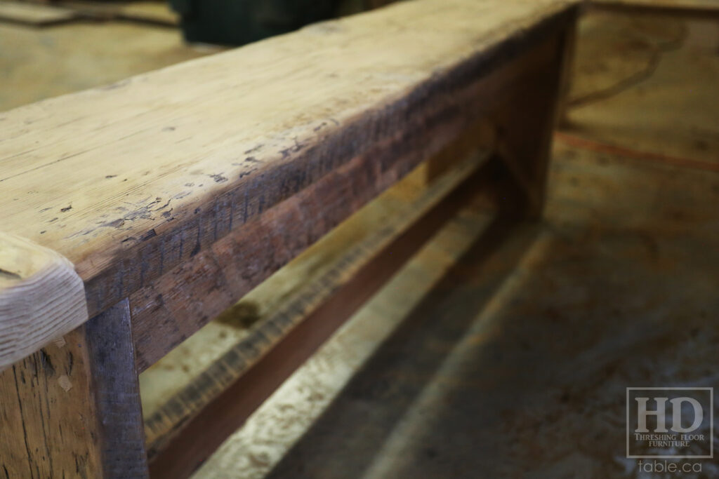 5' Ontario Barnwood Bench we made for a Bigwin Island Cottage - Modern Plank Base - Old Growth Hemlock Threshing Floor Construction - Original edges & distressing maintained - Premium epoxy + matte polyurethane finish - www.table.ca