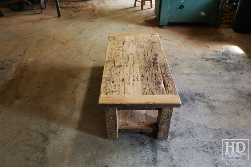 4' x 2' Ontario Barnwood Coffee Table we made for a Mississauga home - 18" height - Old Growth Reclaimed Hemlock Threshing Floor Construction - Straight 4" x 4" Windbrace Beam Legs -  Bottom 2" Shelf - Original edges & distressing maintained - Premium epoxy + satin polyurethane finish - www.table.ca