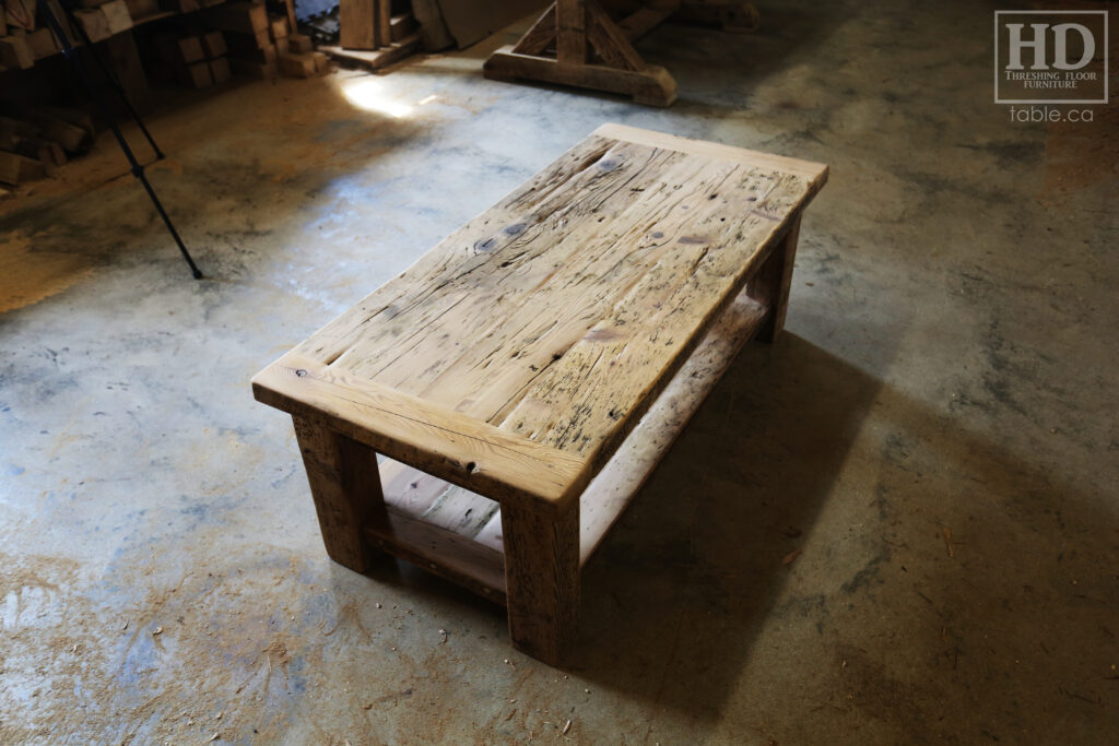 4' x 2' Ontario Barnwood Coffee Table we made for a Mississauga home - 18" height - Old Growth Reclaimed Hemlock Threshing Floor Construction - Straight 4" x 4" Windbrace Beam Legs -  Bottom 2" Shelf - Original edges & distressing maintained - Premium epoxy + satin polyurethane finish - www.table.ca