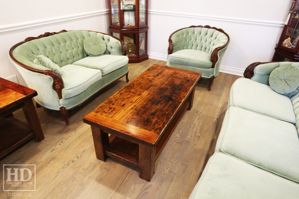 4' x 2' Ontario Barnwood Coffee Table we made for a Mississauga home - 18" height - Old Growth Reclaimed Hemlock Threshing Floor Construction - Straight 4" x 4" Windbrace Beam Legs -  Bottom 2" Shelf - Original edges & distressing maintained - Premium epoxy + satin polyurethane finish - www.table.ca