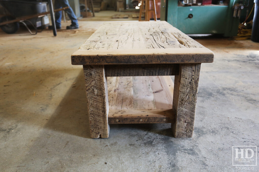 4' x 2' Ontario Barnwood Coffee Table we made for a Mississauga home - 18" height - Old Growth Reclaimed Hemlock Threshing Floor Construction - Straight 4" x 4" Windbrace Beam Legs -  Bottom 2" Shelf - Original edges & distressing maintained - Premium epoxy + satin polyurethane finish - www.table.ca