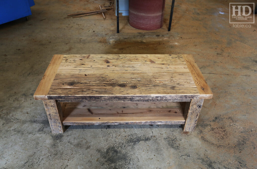 4' x 2' Ontario Barnwood Coffee Table we made for a Mississauga home - 18" height - Old Growth Reclaimed Hemlock Threshing Floor Construction - Straight 4" x 4" Windbrace Beam Legs - Bottom 2" Shelf - Original edges & distressing maintained - Premium epoxy + satin polyurethane finish - www.table.ca