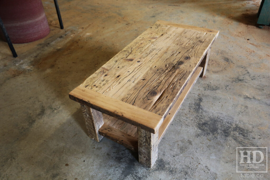 4' x 2' Ontario Barnwood Coffee Table we made for a Mississauga home - 18" height - Old Growth Reclaimed Hemlock Threshing Floor Construction - Straight 4" x 4" Windbrace Beam Legs -  Bottom 2" Shelf - Original edges & distressing maintained - Premium epoxy + satin polyurethane finish - www.table.ca