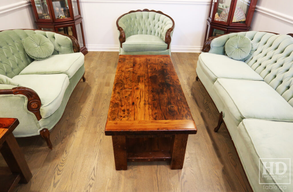 4' x 2' Ontario Barnwood Coffee Table we made for a Mississauga home - 18" height - Old Growth Reclaimed Hemlock Threshing Floor Construction - Straight 4" x 4" Windbrace Beam Legs -  Bottom 2" Shelf - Original edges & distressing maintained - Premium epoxy + satin polyurethane finish - www.table.ca