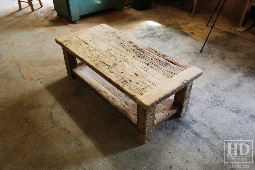 4' x 2' Ontario Barnwood Coffee Table we made for a Mississauga home - 18" height - Old Growth Reclaimed Hemlock Threshing Floor Construction - Straight 4" x 4" Windbrace Beam Legs -  Bottom 2" Shelf - Original edges & distressing maintained - Premium epoxy + satin polyurethane finish - www.table.ca