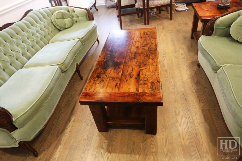 4' x 2' Ontario Barnwood Coffee Table we made for a Mississauga home - 18" height - Old Growth Reclaimed Hemlock Threshing Floor Construction - Straight 4" x 4" Windbrace Beam Legs -  Bottom 2" Shelf - Original edges & distressing maintained - Premium epoxy + satin polyurethane finish - www.table.ca