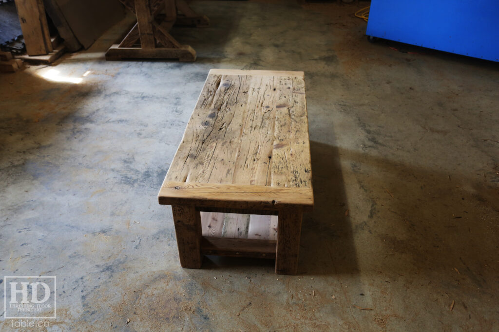 4' x 2' Ontario Barnwood Coffee Table we made for a Mississauga home - 18" height - Old Growth Reclaimed Hemlock Threshing Floor Construction - Straight 4" x 4" Windbrace Beam Legs -  Bottom 2" Shelf - Original edges & distressing maintained - Premium epoxy + satin polyurethane finish - www.table.ca