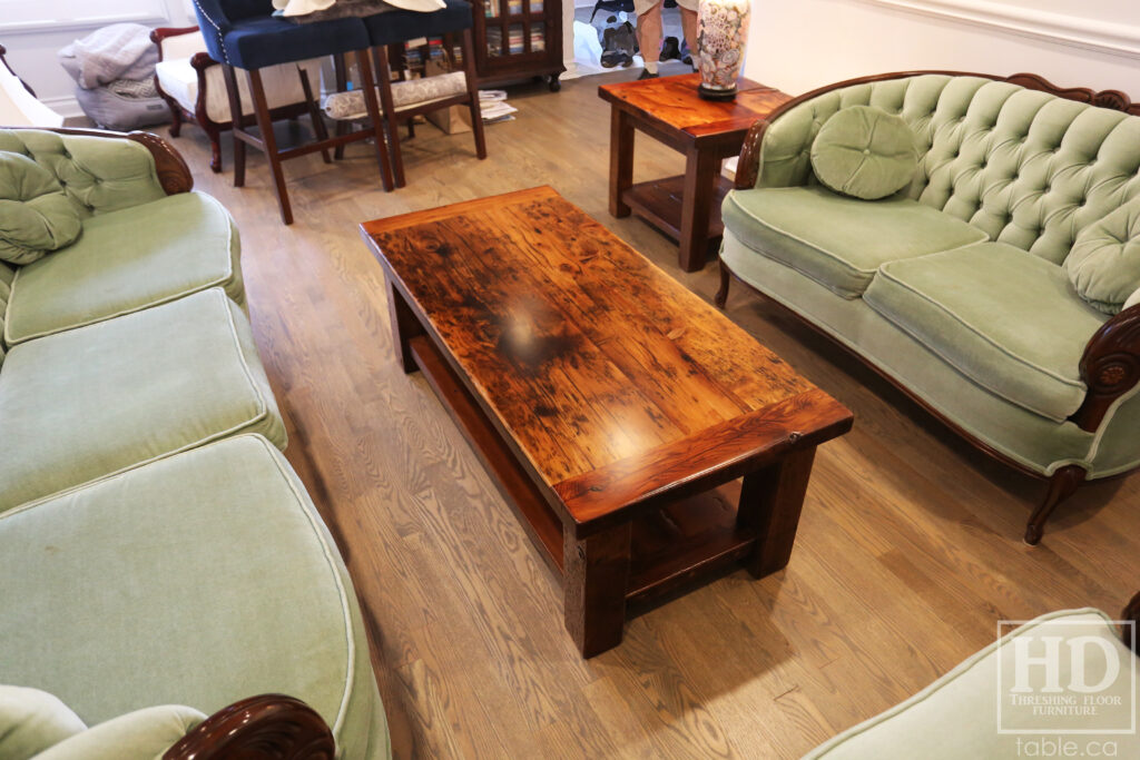 4' x 2' Ontario Barnwood Coffee Table we made for a Mississauga home - 18" height - Old Growth Reclaimed Hemlock Threshing Floor Construction - Straight 4" x 4" Windbrace Beam Legs -  Bottom 2" Shelf - Original edges & distressing maintained - Premium epoxy + satin polyurethane finish - www.table.ca