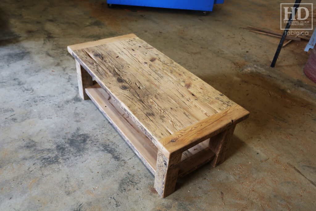 4' x 2' Ontario Barnwood Coffee Table we made for a Mississauga home - 18" height - Old Growth Reclaimed Hemlock Threshing Floor Construction - Straight 4" x 4" Windbrace Beam Legs -  Bottom 2" Shelf - Original edges & distressing maintained - Premium epoxy + satin polyurethane finish - www.table.ca