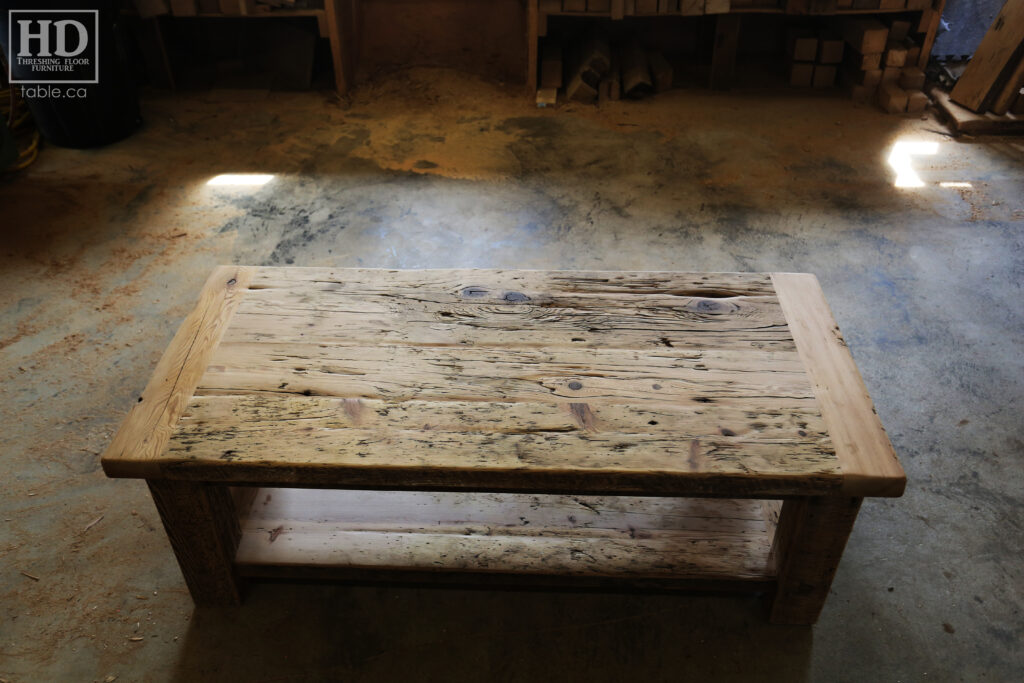 4' x 2' Ontario Barnwood Coffee Table we made for a Mississauga home - 18" height - Old Growth Reclaimed Hemlock Threshing Floor Construction - Straight 4" x 4" Windbrace Beam Legs -  Bottom 2" Shelf - Original edges & distressing maintained - Premium epoxy + satin polyurethane finish - www.table.ca