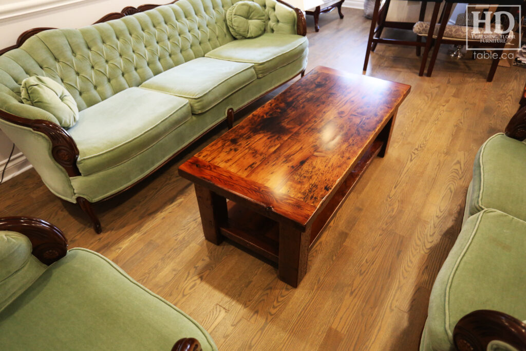 4' x 2' Ontario Barnwood Coffee Table we made for a Mississauga home - 18" height - Old Growth Reclaimed Hemlock Threshing Floor Construction - Straight 4" x 4" Windbrace Beam Legs -  Bottom 2" Shelf - Original edges & distressing maintained - Premium epoxy + satin polyurethane finish - www.table.ca