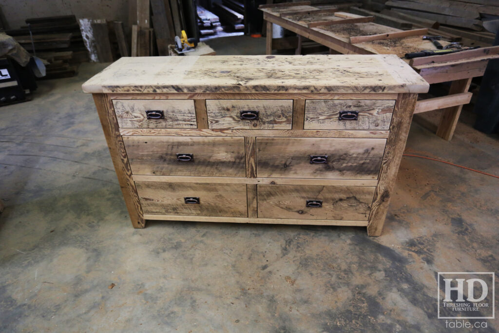5' Ontario Barnwood Dresser - 18" deep - 36" height - 7 Drawers - Mission Cast Brass Lee Valley Hardware - Old Growth Reclaimed Hemlock Threshing Floor & Grainery Board Construction - Original edges & distressing maintained - Premium epoxy + satin polyurethane clearcoat finish / www.table.ca