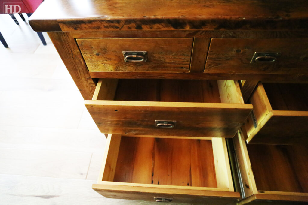 5' Ontario Barnwood Dresser - 18" deep - 36" height - 7 Drawers - Mission Cast Brass Lee Valley Hardware - Old Growth Reclaimed Hemlock Threshing Floor & Grainery Board Construction - Original edges & distressing maintained - Premium epoxy + satin polyurethane clearcoat finish / www.table.ca