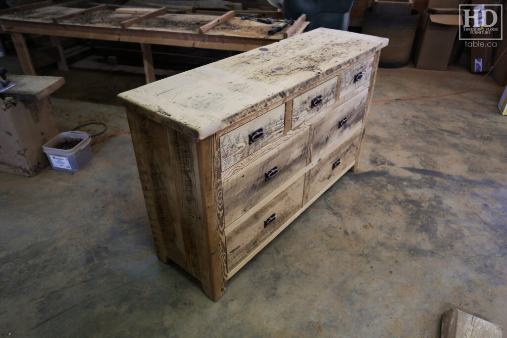 5' Ontario Barnwood Dresser - 18" deep - 36" height - 7 Drawers - Mission Cast Brass Lee Valley Hardware - Old Growth Reclaimed Hemlock Threshing Floor & Grainery Board Construction - Original edges & distressing maintained - Premium epoxy + satin polyurethane clearcoat finish / www.table.ca