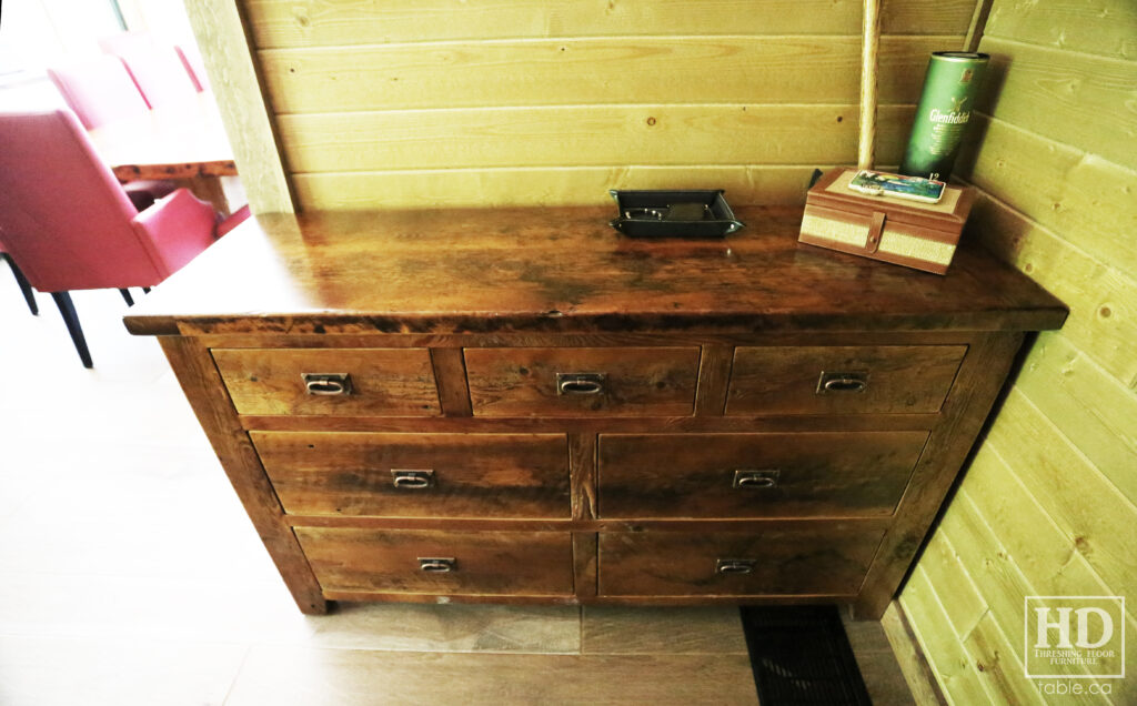 5' Ontario Barnwood Dresser - 18" deep - 36" height - 7 Drawers - Mission Cast Brass Lee Valley Hardware - Old Growth Reclaimed Hemlock Threshing Floor & Grainery Board Construction - Original edges & distressing maintained - Premium epoxy + satin polyurethane clearcoat finish / www.table.ca