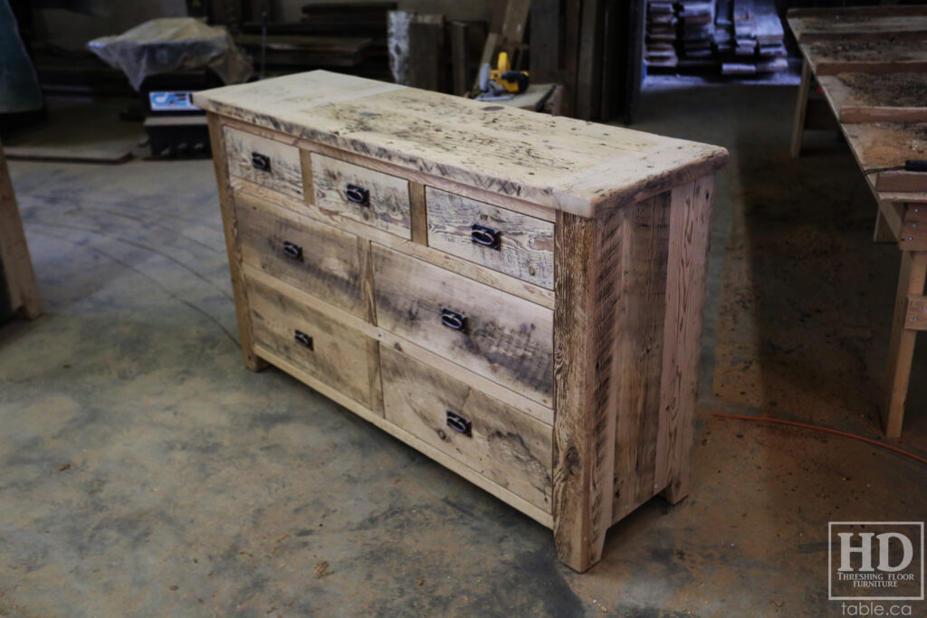 5' Ontario Barnwood Dresser - 18" deep - 36" height - 7 Drawers - Mission Cast Brass Lee Valley Hardware - Old Growth Reclaimed Hemlock Threshing Floor & Grainery Board Construction - Original edges & distressing maintained - Premium epoxy + satin polyurethane clearcoat finish / www.table.ca