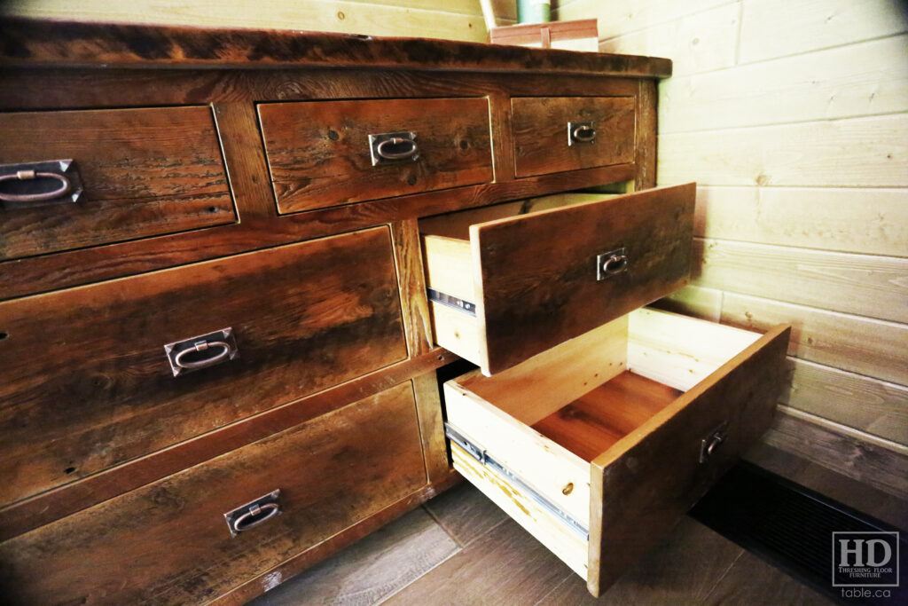 5' Ontario Barnwood Dresser - 18" deep - 36" height - 7 Drawers - Mission Cast Brass Lee Valley Hardware - Old Growth Reclaimed Hemlock Threshing Floor & Grainery Board Construction - Original edges & distressing maintained - Premium epoxy + satin polyurethane clearcoat finish / www.table.ca