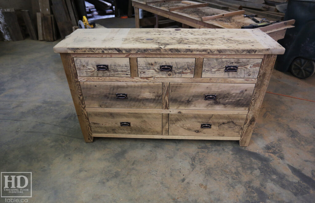 5' Ontario Barnwood Dresser - 18" deep - 36" height - 7 Drawers - Mission Cast Brass Lee Valley Hardware - Old Growth Reclaimed Hemlock Threshing Floor & Grainery Board Construction - Original edges & distressing maintained - Premium epoxy + satin polyurethane clearcoat finish / www.table.ca