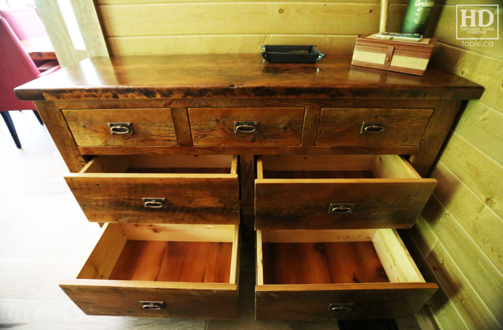 5' Ontario Barnwood Dresser - 18" deep - 36" height - 7 Drawers - Mission Cast Brass Lee Valley Hardware - Old Growth Reclaimed Hemlock Threshing Floor & Grainery Board Construction - Original edges & distressing maintained - Premium epoxy + satin polyurethane clearcoat finish / www.table.ca