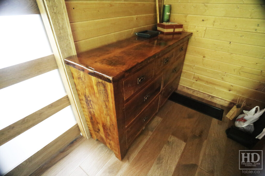 5' Ontario Barnwood Dresser - 18" deep - 36" height - 7 Drawers - Mission Cast Brass Lee Valley Hardware - Old Growth Reclaimed Hemlock Threshing Floor & Grainery Board Construction - Original edges & distressing maintained - Premium epoxy + satin polyurethane clearcoat finish / www.table.ca