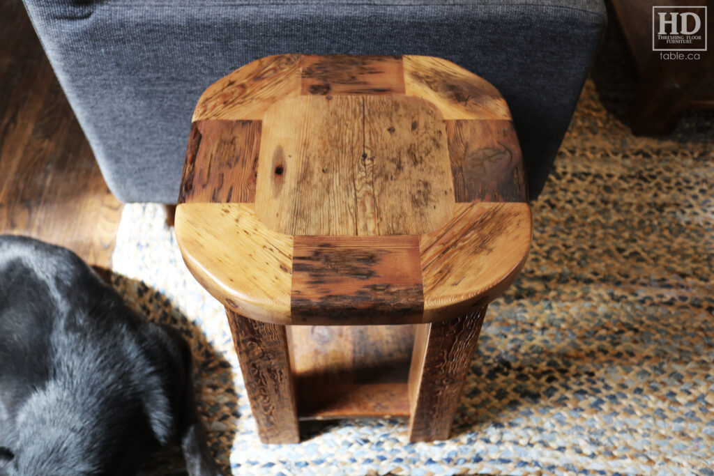 18" x 18" Ontario Barnwood End Table we made for a Toronto home - 22" height - Rounded Bread-edge Corners Option - Straight 3"x3" Windbrace Beam Legs - Bottom 1" Grainery Board Shelf - Reclaimed Old Growth Hemlock Threshing Floor Construction - Original edges & distressing maintained - Premium epoxy + satin polyurethane finish - www.table.ca