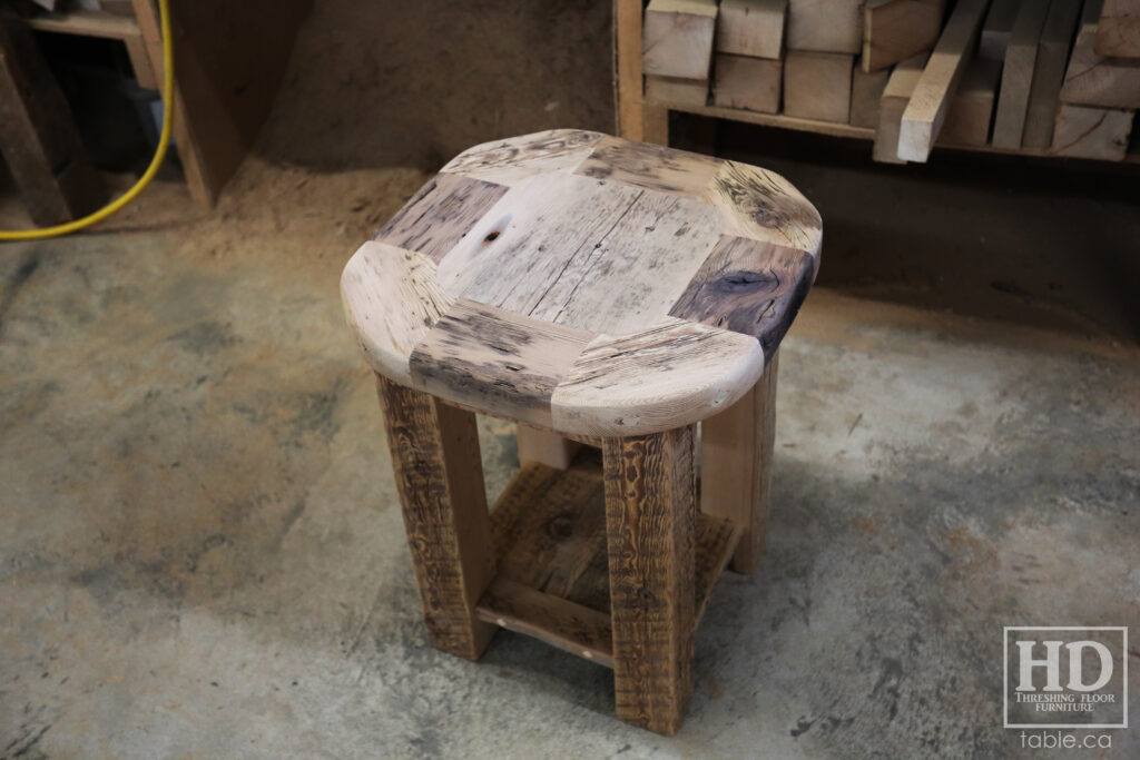 18" x 18" Ontario Barnwood End Table we made for a Toronto home - 22" height - Rounded Bread-edge Corners Option - Straight 3"x3" Windbrace Beam Legs - Bottom 1" Grainery Board Shelf - Reclaimed Old Growth Hemlock Threshing Floor Construction - Original edges & distressing maintained - Premium epoxy + satin polyurethane finish - www.table.ca