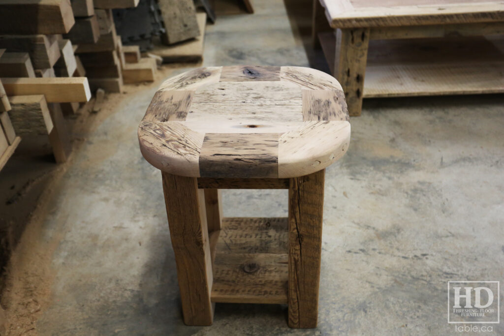 18" x 18" Ontario Barnwood End Table we made for a Toronto home - 22" height - Rounded Bread-edge Corners Option - Straight 3"x3" Windbrace Beam Legs - Bottom 1" Grainery Board Shelf - Reclaimed Old Growth Hemlock Threshing Floor Construction - Original edges & distressing maintained - Premium epoxy + satin polyurethane finish - www.table.ca