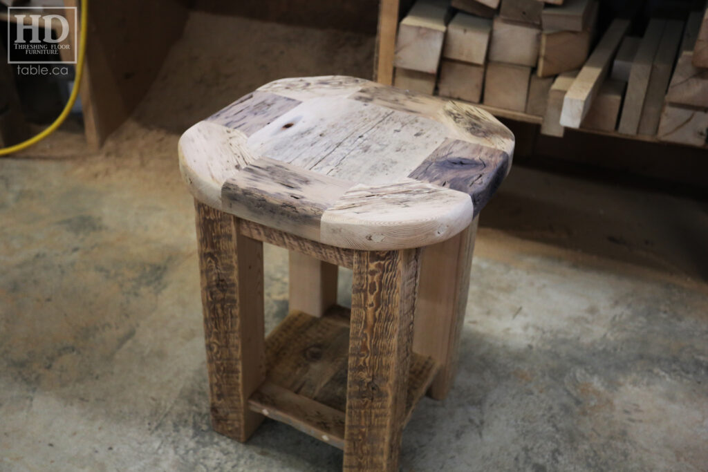 18" x 18" Ontario Barnwood End Table we made for a Toronto home - 22" height - Rounded Bread-edge Corners Option - Straight 3"x3" Windbrace Beam Legs - Bottom 1" Grainery Board Shelf - Reclaimed Old Growth Hemlock Threshing Floor Construction - Original edges & distressing maintained - Premium epoxy + satin polyurethane finish - www.table.ca