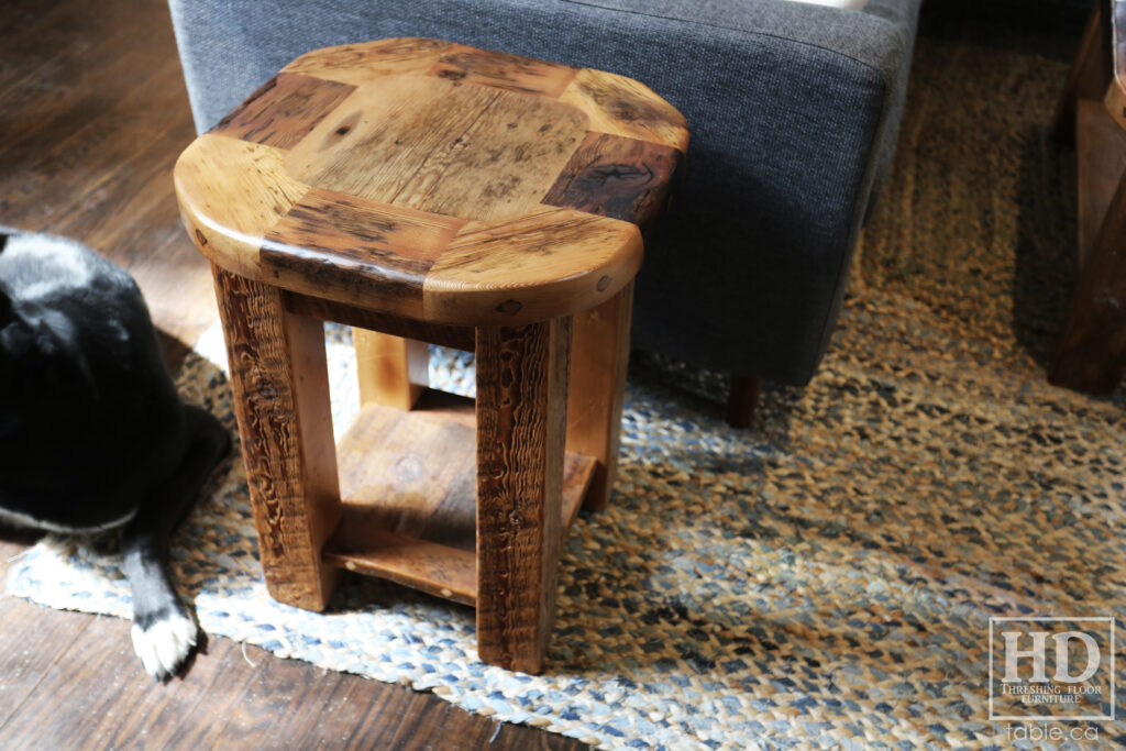 18" x 18" Ontario Barnwood End Table we made for a Toronto home - 22" height - Rounded Bread-edge Corners Option - Straight 3"x3" Windbrace Beam Legs - Bottom 1" Grainery Board Shelf - Reclaimed Old Growth Hemlock Threshing Floor Construction - Original edges & distressing maintained - Premium epoxy + satin polyurethane finish - www.table.ca