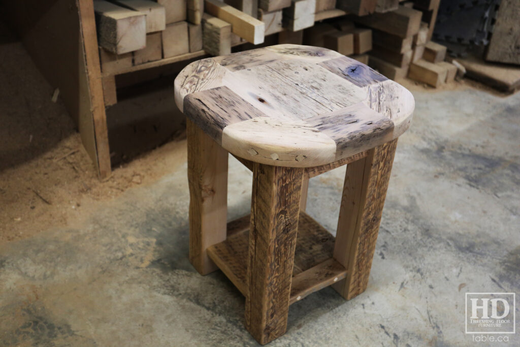 18" x 18" Ontario Barnwood End Table we made for a Toronto home - 22" height - Rounded Bread-edge Corners Option - Straight 3"x3" Windbrace Beam Legs - Bottom 1" Grainery Board Shelf - Reclaimed Old Growth Hemlock Threshing Floor Construction - Original edges & distressing maintained - Premium epoxy + satin polyurethane finish - www.table.ca