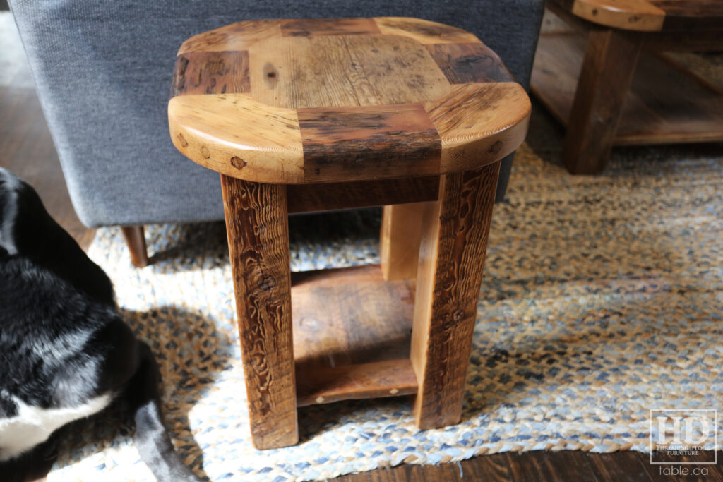 18" x 18" Ontario Barnwood End Table we made for a Toronto home - 22" height - Rounded Bread-edge Corners Option - Straight 3"x3" Windbrace Beam Legs - Bottom 1" Grainery Board Shelf - Reclaimed Old Growth Hemlock Threshing Floor Construction - Original edges & distressing maintained - Premium epoxy + satin polyurethane finish - www.table.ca