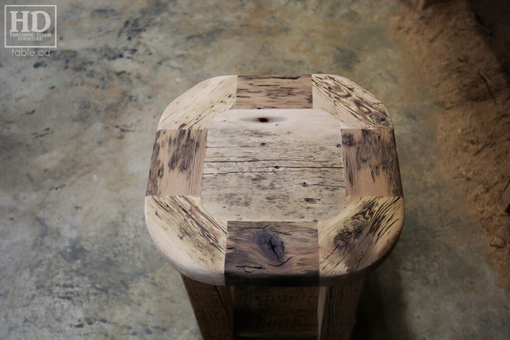 18" x 18" Ontario Barnwood End Table we made for a Toronto home - 22" height - Rounded Bread-edge Corners Option - Straight 3"x3" Windbrace Beam Legs - Bottom 1" Grainery Board Shelf - Reclaimed Old Growth Hemlock Threshing Floor Construction - Original edges & distressing maintained - Premium epoxy + satin polyurethane finish - www.table.ca