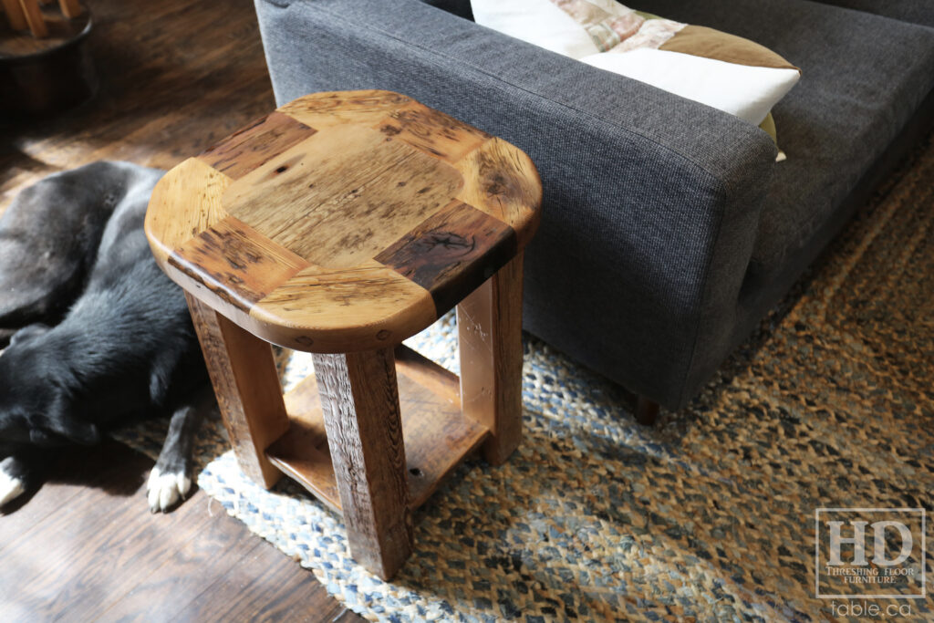 18" x 18" Ontario Barnwood End Table we made for a Toronto home - 22" height - Rounded Bread-edge Corners Option - Straight 3"x3" Windbrace Beam Legs - Bottom 1" Grainery Board Shelf - Reclaimed Old Growth Hemlock Threshing Floor Construction - Original edges & distressing maintained - Premium epoxy + satin polyurethane finish - www.table.ca