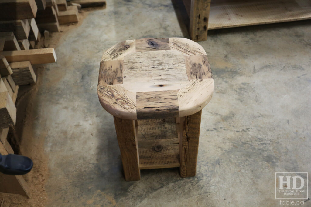 18" x 18" Ontario Barnwood End Table we made for a Toronto home - 22" height - Rounded Bread-edge Corners Option - Straight 3"x3" Windbrace Beam Legs - Bottom 1" Grainery Board Shelf - Reclaimed Old Growth Hemlock Threshing Floor Construction - Original edges & distressing maintained - Premium epoxy + satin polyurethane finish - www.table.ca