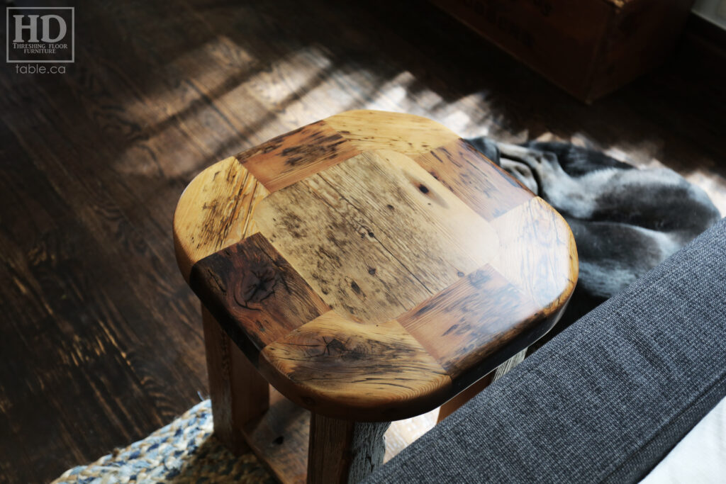 18" x 18" Ontario Barnwood End Table we made for a Toronto home - 22" height - Rounded Bread-edge Corners Option - Straight 3"x3" Windbrace Beam Legs - Bottom 1" Grainery Board Shelf - Reclaimed Old Growth Hemlock Threshing Floor Construction - Original edges & distressing maintained - Premium epoxy + satin polyurethane finish - www.table.ca